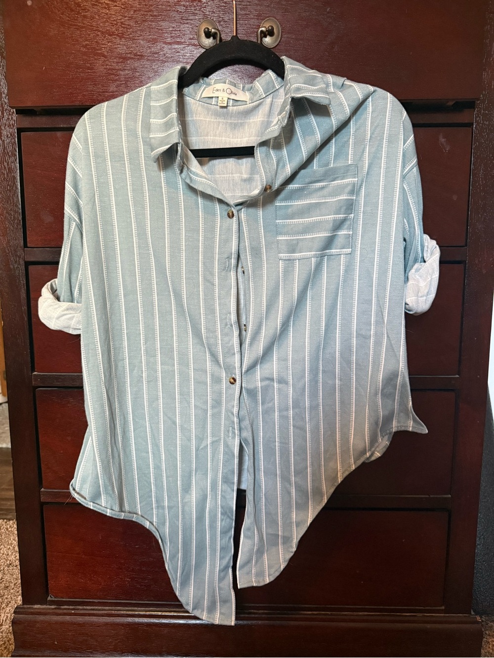 Blue/Green Striped Button-Front Womens Shirt